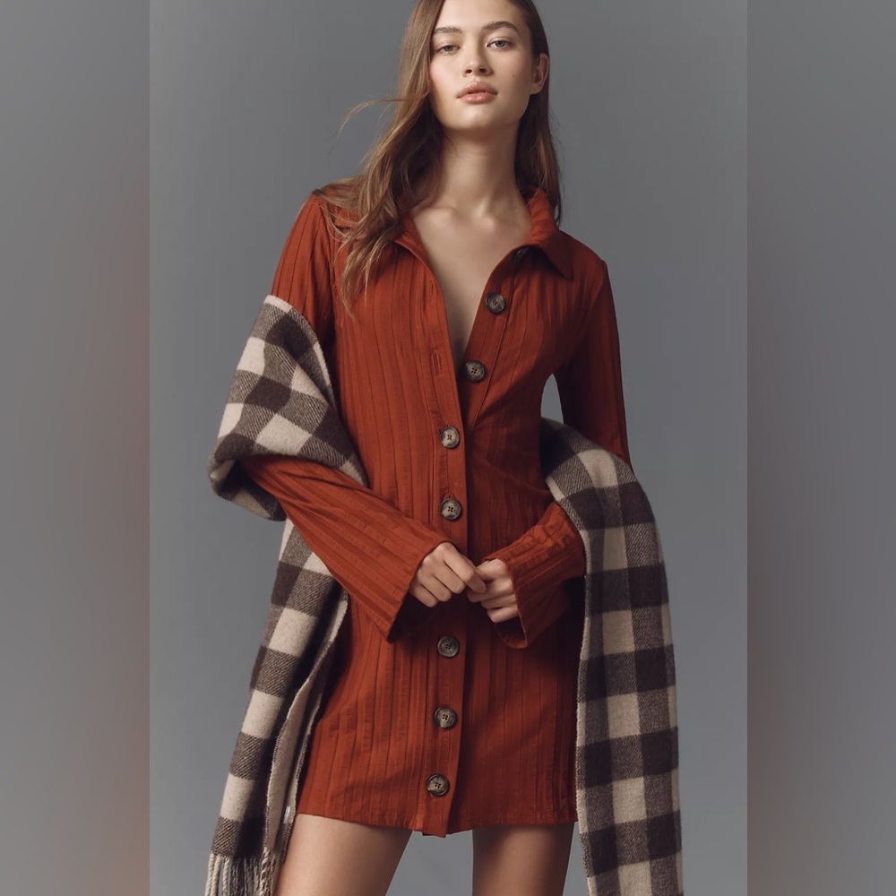 NWT! Reformation Benton Ribbed Button-Front Sweater Mini Dress 🟤 - Picture 1 of 9